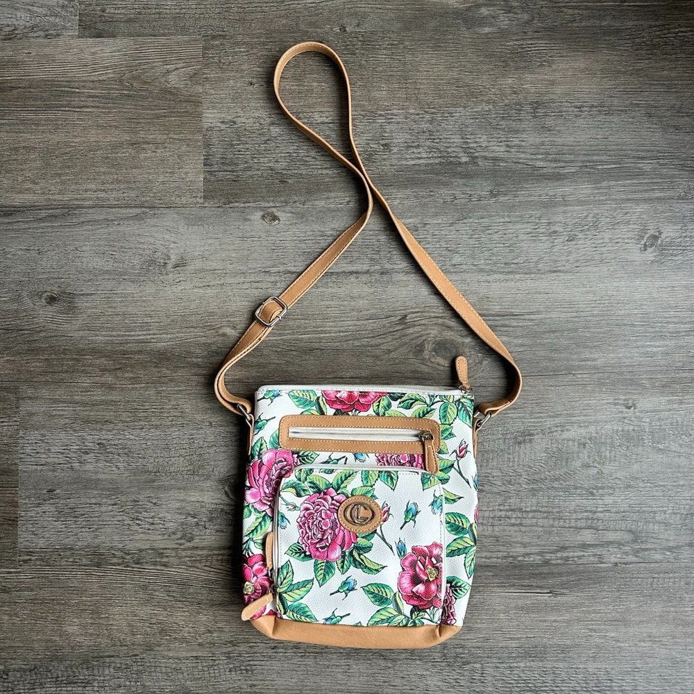 Crossbody Purse - Multi Color Rose Garden Flowers White and Brown - Carryland